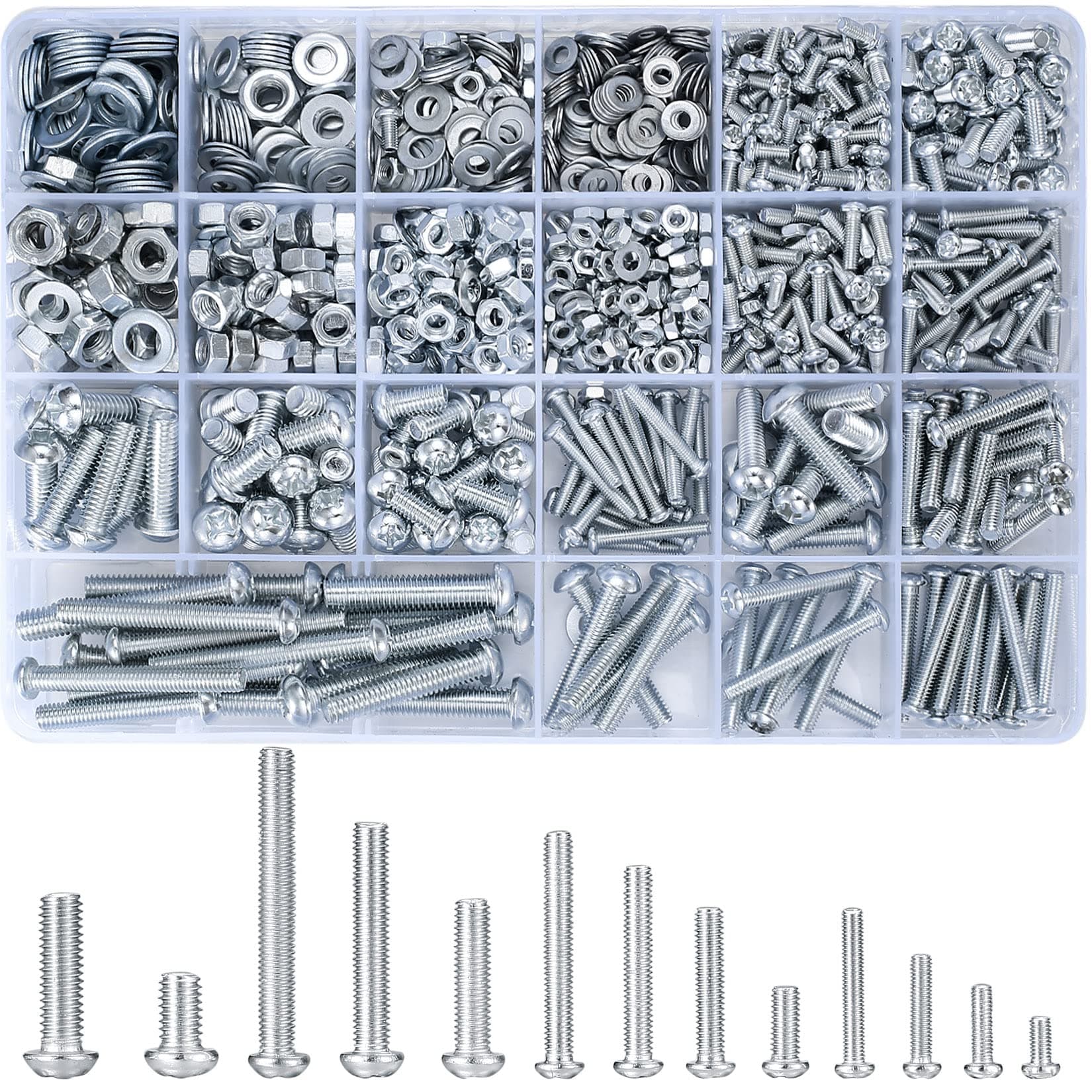 1080 Pcs Round Head Screws Nuts Flat Washers Assortment Kit, M3 M4 M5 M6 Cross Pan Head Machine Screws and Hex Bolts and Nuts Sets - 900g/16 Size (silvery 1080)