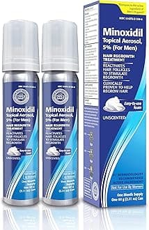 - Minoxidil topical aerosol foam, 5%, hair regrowth 2 months treatment for men, 2.11 oz (2 Pack)