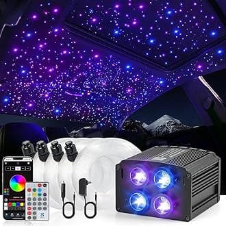 4 Colors 32W Twinkle Starlight Headliner Kit for Car Home with APP&RF Remote,RGBW 650pcs*0.03in*13.1ft Cables Fiber Optic Star Sky Roof Lights,4 Port Engine Sound Activated Ceiling Star Lights for Car