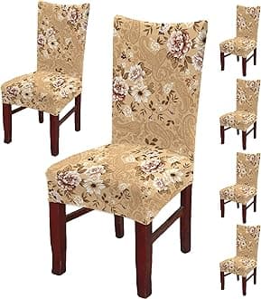 BRIDA® Polyester Spandex Stretchable Floral Geometric Printed Dining Chair Covers Elastic Chair Seat Case Protector, Slipcovers (6 Chair Cover, Beige)