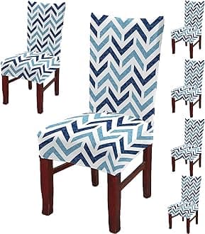 BRIDA® Polyester Spandex Stretchable Floral Geometric Printed Dining Chair Covers Elastic Chair Seat Case Protector, Slipcovers (6 Chair Cover, Zigzag Blue)