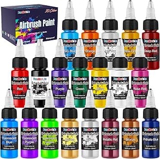 FansArriche Airbrush Paint, 20 Colors Acrylic Air Brush Paint Kit, Water-Based, Opaque & Neon Colors, Pearl Colors, for Beginners, Artists, DIY Projects, 30ml/Bottle