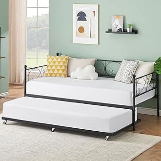 IDEALHOUSE Metal Daybed Frame with Trundle Heavy Duty Metal Slats, Mattress Foundation Platform Sofa Bed with Headboard for Bedroom, Twin, Black