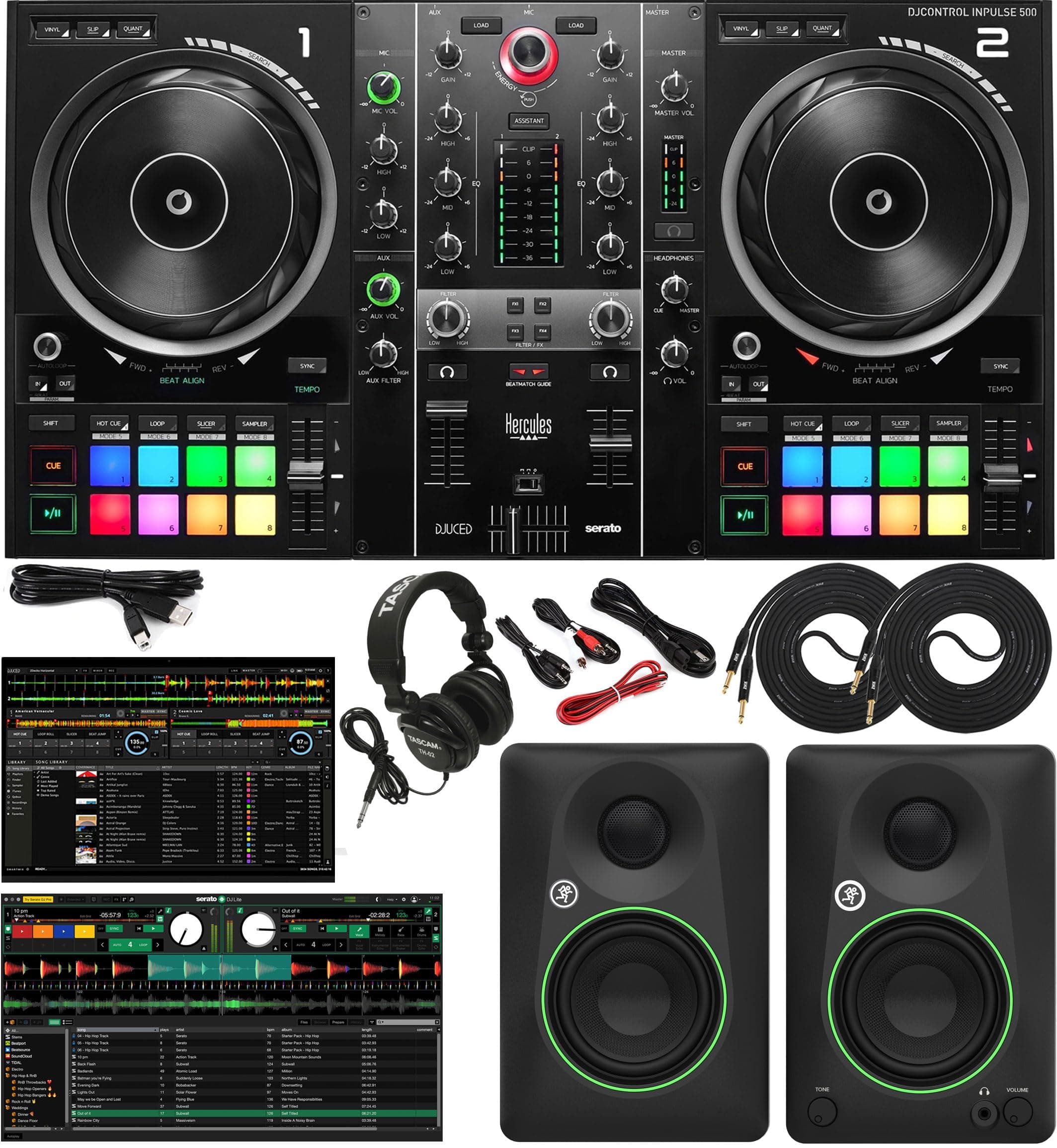Hercules DJControl Inpulse 500 Professional DJ Controller Studio Bundle with 3.5" Powered Monitors, DJ Headphones, RCA/TRS Cables & DJ Software – Complete Laptop DJ Mixing & Performance Kit