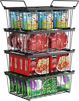 Freezer Organizer Bins - 4 Pack Stackable Deep Freezer Organizer Bins for 5 Cu.Ft Chest Freezer Sort Frozen Food, Heavy Duty Metal Storage Bins with Handles, Easy Access without Digging