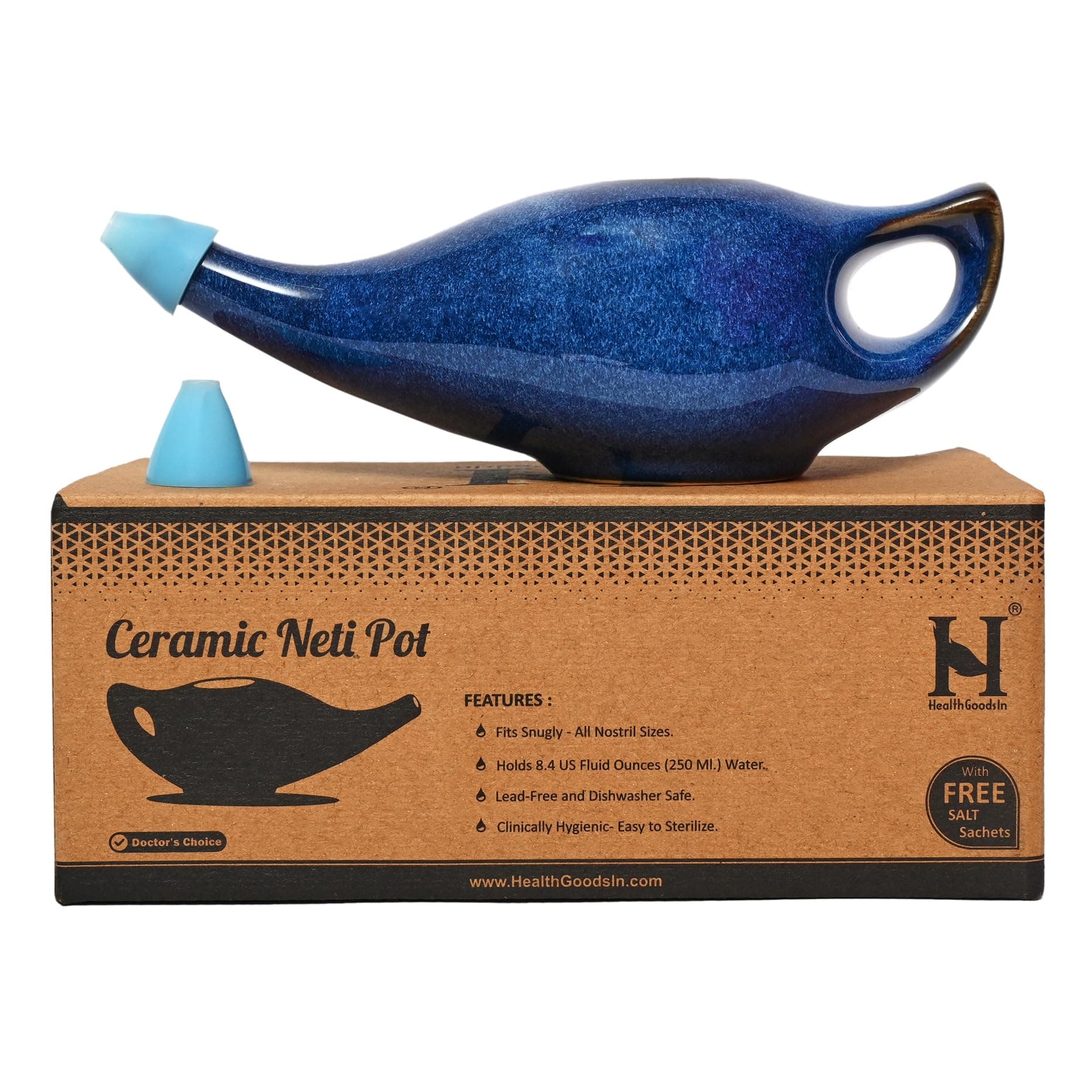 Ceramic Neti Pot, Premium Handcrafted Durable, Dishwasher Safe with 2 Silicone Nozzle Tip, 225 Ml. (7.6 FL Oz) Capacity (Elegant Blue Gradient)