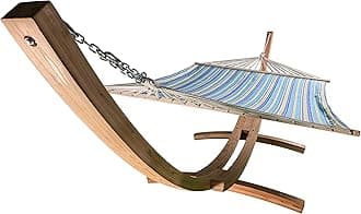 14 Ft. Water Treated Wooden Arc Hammock Stand + Premium Quilted, Double Padded Hammock Bed. 2 Person Bed.450 LB Capacity(Natural Stain/Teal & Yellow Stripe)