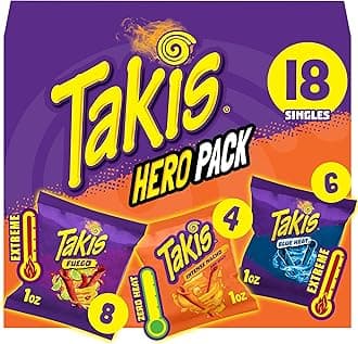 Takis 18 pc / 1 oz Hero Variety Pack, Assorted Flavored Mixed Rolled Tortilla Chips – (8) Fuego, (6) Blue Heat, (4) Intense Nacho