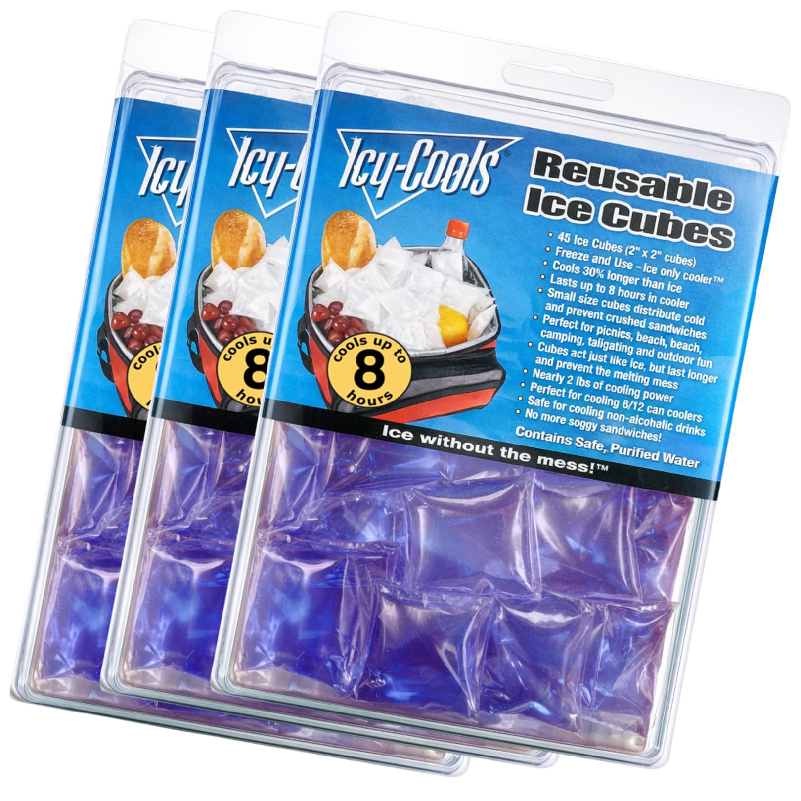 ICY‑COOLS Reusable Ice Cubes for Drinks, Coolers, and Lunch Boxes –135 Total (3 Packs of 45) Mess-Free, Non-Melting Alternative to Ice Cube Trays for Freezer, Purple