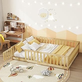 Full Floor Bed with Safety Guardrails for Kids, Rubber Wood Montessori Bed with Slats and Convertible Door,Full Size Bed Frame for Girls and Boys,No Box Spring Needed,Natural