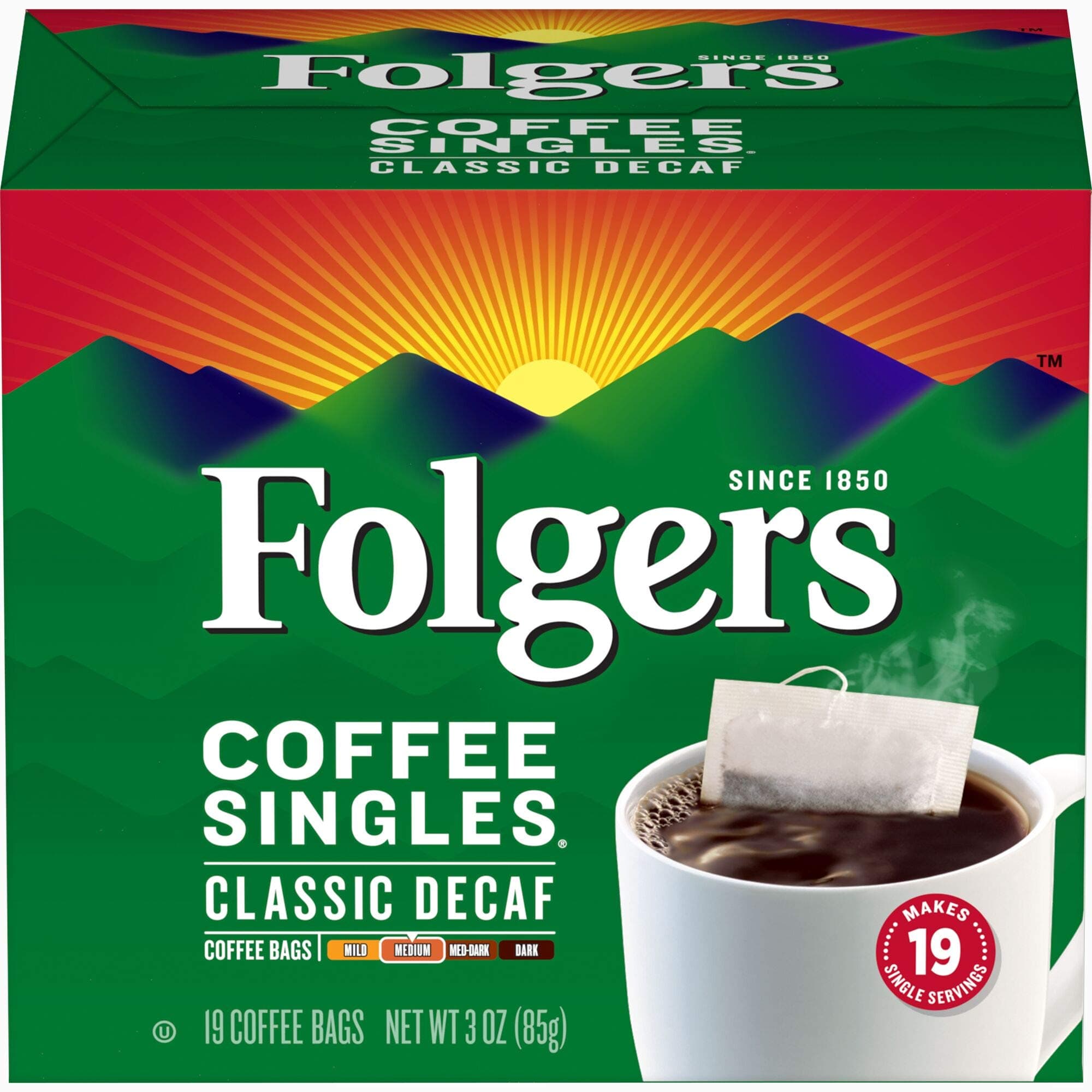 Coffee Singles Classic Decaf Medium Roast Coffee, 19 Single Serve Coffee Bags
