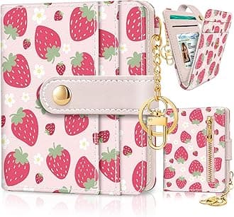 Strawberry Rfid Girls Girly Teen Wallet, Small Slim Thin Compact Travel Credit Card Women Wallet, Cute PU Leather Bifold Cash Zipper Coin Pocket ID Window for Female Ladies Gifts