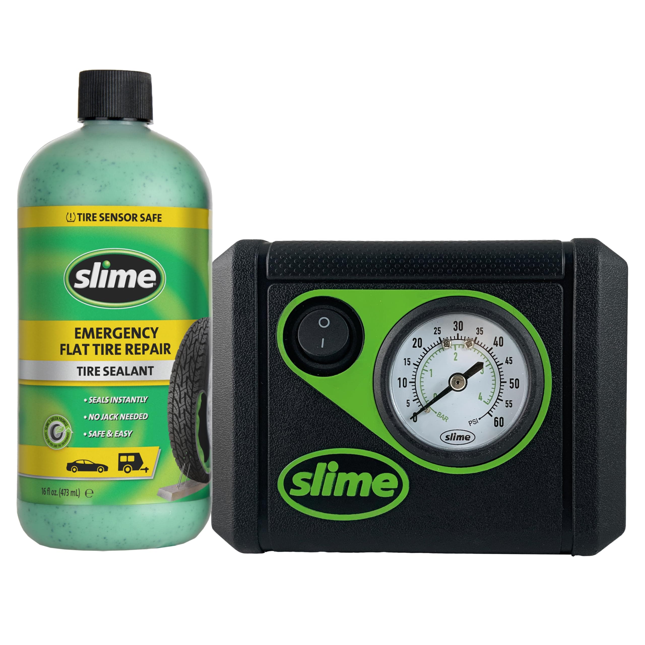 Slime 50107 Flat Tire Puncture Repair, Smart Spair, Emergency Kit For Car Tires, Includes Sealant And Tire Inflator Pump, Suitable For Cars And Other Highway Vehicles, 15 Min Fix