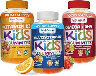 Feel Great Kids Essentail Vitamins Trio - Omega + DHA - Vitamin D - Multivitamin for Wellness & Immune Support