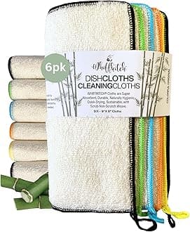 Whiffkitch Dishcloths Dishrags for Kitchen and Household Cleaning 9x9 6-Pack Non-Scratch 2-Ply Weave, Bamboo-Rayon Fabric, Absorbent, Washable, Long-Lasting