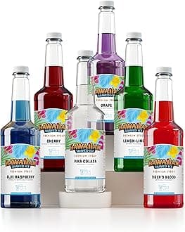 6 Syrup Assortment, Cherry, Grape, Blue Raspberry, Tiger's Blood, Lemon-Lime, Pina Colada, 90+ Servings, No Refrigeration, 32 oz bottles