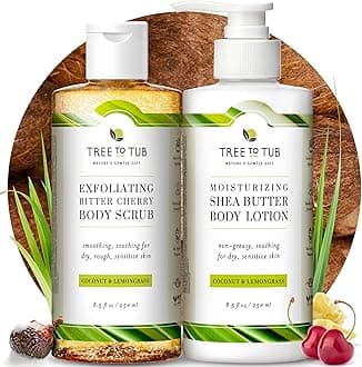 Tree To Tub Bitter Cherry Coconut Exfoliating Body Wash - Gentle Exfoliating Body Scrub for Sensitive Skin - Skin Exfoliator for Body for Women & Men w/Natural Soapberry, Natural Cherry, Organic Rice