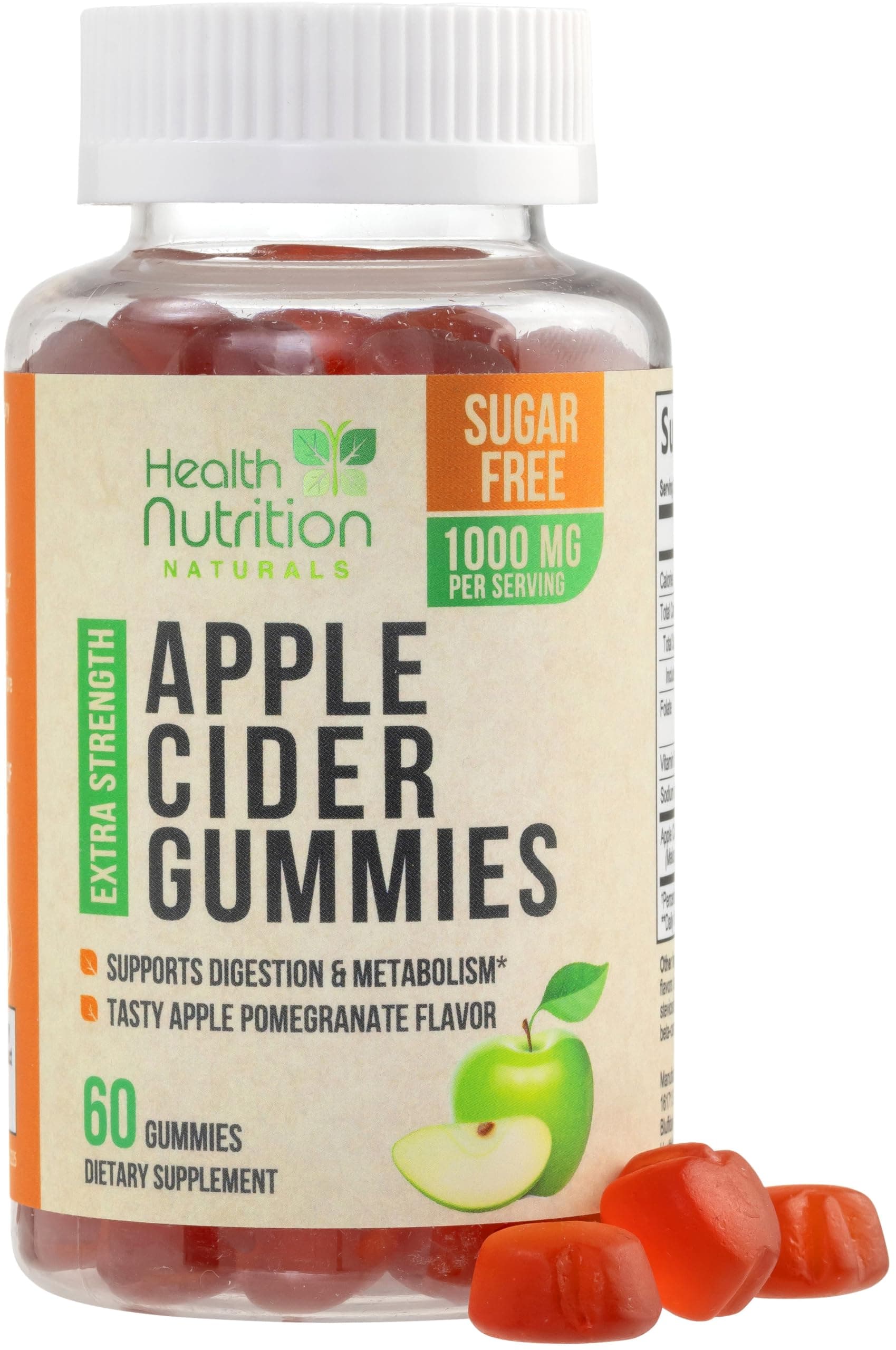 Apple Cider Vinegar Gummies 1000mg per Serving - Sugar Free Max Strength ACV Gummy Vitamins, Advanced Formula with Vitamin B12 Supports Metabolism & Energy, Keto Friendly, Vegan, Non-GMO, 60 Gummies
