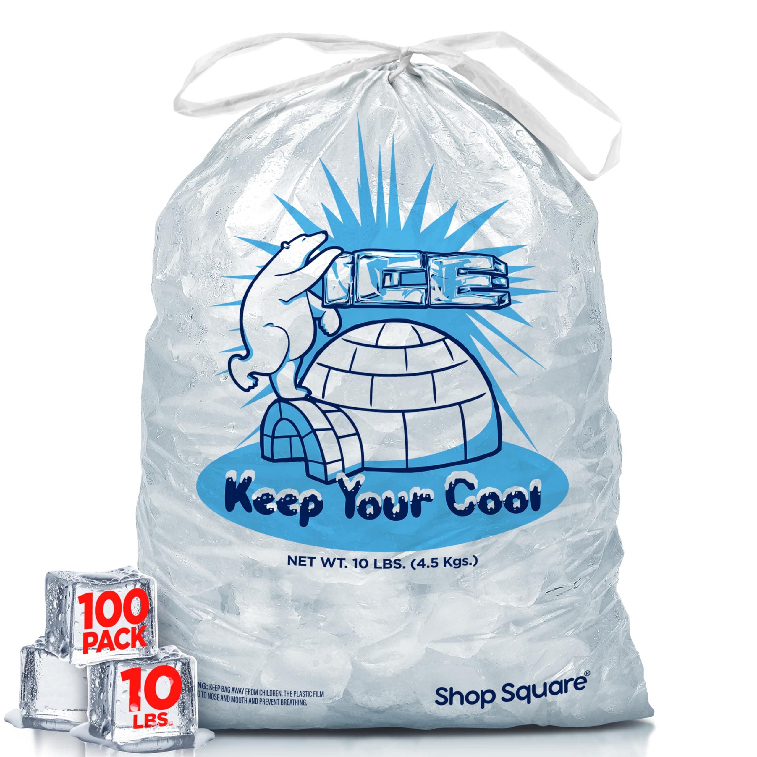 Ice Bags 10 lb with Drawstring - 100 Pack Heavy-Duty Bags for Ice Machine, Reusable, Storage for Freezers