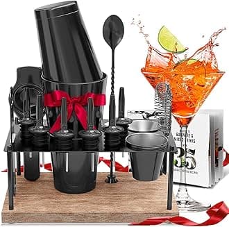 EATEX Bar Set Cocktail Shaker Set Bartender Kit, 17 Piece tail Set, Mixology Bartender Kit with Wood Stand, Steel Cocktail Kit, Bar Accessories: 30oz Martini Shaker, Muddler, Cocktail Book & More