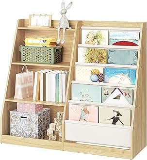 4-Tier Wooden Kids Bookshelf, Toddler Bookshelf with 6 Layer Fabric Sling Book Shelf, Kids Book Shelves and Toy Storage, for Kids Room, Playroom, Nursery, Classroom, Natural and White MCW05NL