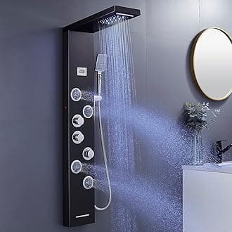 MENATT LED Shower Panels Tower System, SUS304 Stainless Steel Bathroom Shower Panel System with 4 Body Jets, Rainfall, Waterfall, Handheld Shower, Tub Faucet (Black)