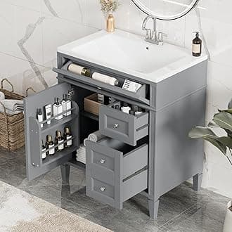 Linique 30" Bathroom Vanity with Sink Combo Set, Solid Wood Frame Bathroom Storage Cabinet with 2 Drawers and a Tip-Out Drawer, Soft Closing Cabinet Door with Organizer, Grey