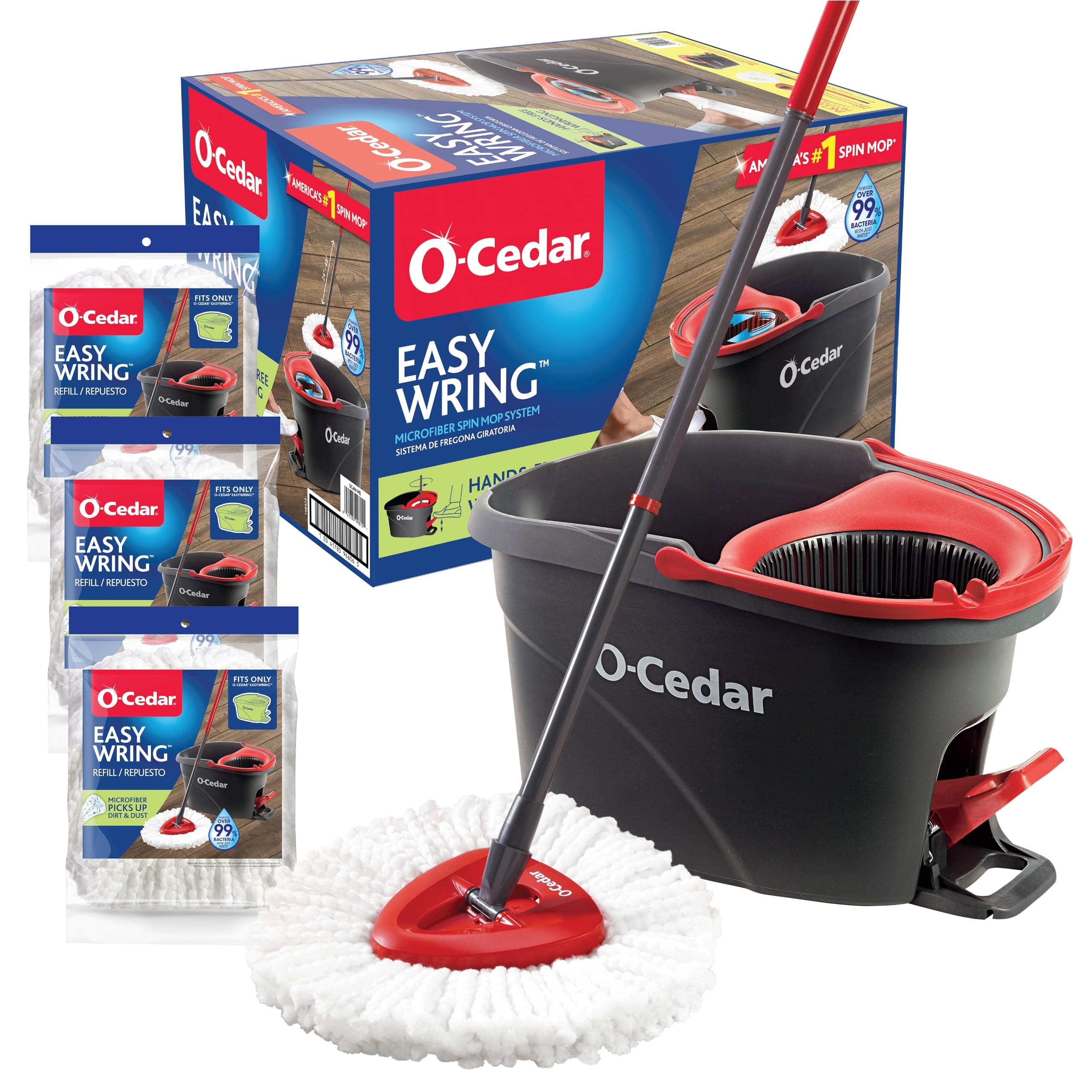 O-Cedar System Easy Wring Spin Mop & Bucket with 3 Extra Refills