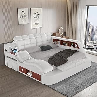 King Size Smart Multifunctional Bed Frame, Luxury Smart King Bed Frame Bedroom Furniture with Massage Recliner, Bluetooth Speake, USB Charging Station, Leather Headboard