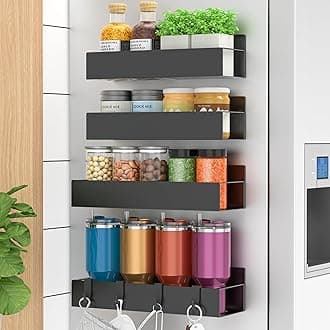 HuggieGems Metal 4 Pack Magnetic Spice Storage Rack Organizer for Refrigerator and Oven, Black Fridge Organizers and Storage
