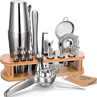 24-Piece Cocktail Shaker Bartender Kit with Stand, Boston Shaker, Mixing Spoon, Muddler, Measuring Jigger, Lemon Squeez, Tongs, Corkscrew, Liquor Pourers and More Professional Bar Tools