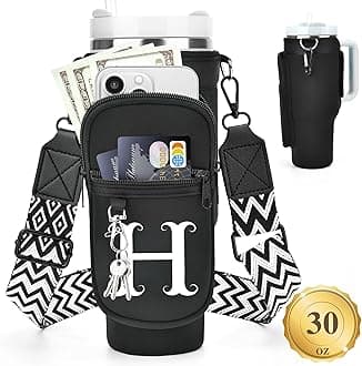 LOKASS Water Bottle Holder with Strap for Stanley Cup 30 oz Tumbler with Handle, Personalized Initial Gift, Water Bottle Carrier Bag with Phone Pocket & Carabiner for Stanley Cup Accessories