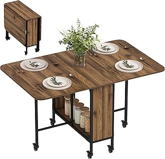 HOMCOM Mobile Drop Leaf Table, Folding Dining Table with 6 Wheels & Storage Shelf for Small Spaces, Kitchen, Dining Room, Light Brown
