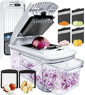 All-in-1 Vegetable Chopper, Mandoline Slicer & Cheese Grater - Multi Blade French Fry Cutter & Veggie Dicer - Includes Bonus Handheld Spiralizer & Kitchen Gadgets (4 in 1, White)