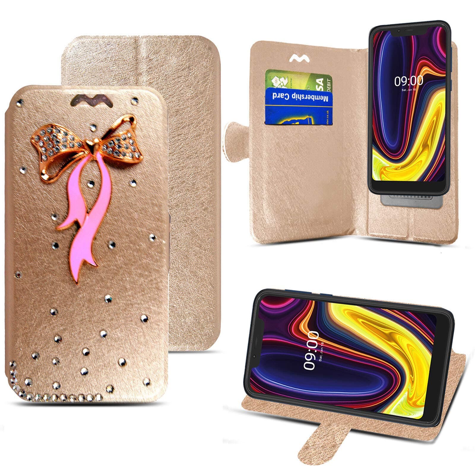 For IMO Q4 Pro, Leather Wallet Flip Case with Card Slots and Fold Stand, (Pink Bow Ribbon On Gold)