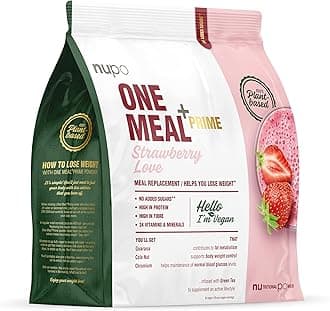 NUPO One Meal + Prime Vegan Powder - Strawberry Love I Tasty meal replacement shakes for a balanced diet plan I High in protein I No added sugars I 24 vitamins and minerals I 360g