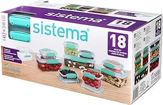Sistema62601 Multi Piece Food Storage Containers in Assorted Shapes, Set of 18, Plastic, Clear/Blue