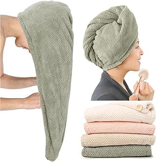 Extra Large 4 Pack Microfiber Hair Towel Wrap for Women Super Absorbent & Quick Dry Hair Drying Towels with Button, Hair Turbans for Curly Hair Long & Short Hair - Anti-Frizz (green pinstripe)
