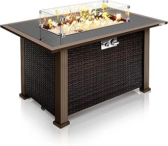Outdoor Propane Fire Pit Table - CSA Approved Safe 50,000BTU Auto-Ignition Propane Gas Fire Table - Rattan Panel, Glass Wind Guard, Black Tempered Glass Tabletop, Clear Glass Rock - SereneLife SLFPTL