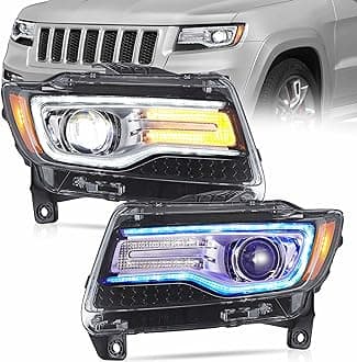 VLAND LED Headlights Fit for 2011 2012 2013 Jeep Grand Cherokee WK2, Front Light with Blue Dynamic Startup DRL, Chromed Housing