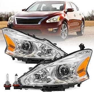 Headlight Assembly Compatible with 2013 2014 2015 Nissan Altima 4-Door Sedan Halogen Headlamps 13 14 15 Altima 4Dr Chrome Housing Amber Reflector Driver Passenger Side Bulbs Included