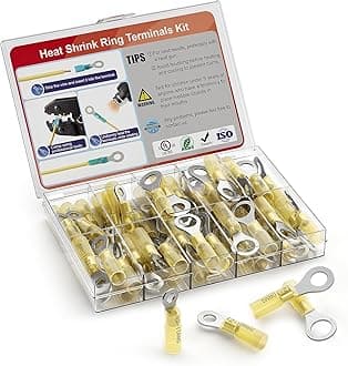 AIRIC 12-10 AWG Heat Shrink Ring Terminals Kit #10, 1/4", 5/16", 3/8", Copper Terminal Connector Ends, Battery Cable Lugs, Yellow Electrical Crimp Connectors, Wire Lug for 12, 10 Gauge Wires, 50 PCS