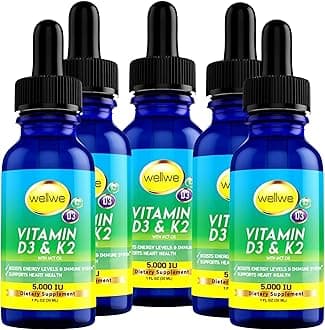 Liquid Vitamin D3 K2 Drops 5000 IU - Vegan, No Taste, No Odor, Soy-Free, Gluten Free, Non-GMO, 1000 IU per Drop, Boosts Energy Levels & Immune System, Supports Heart Health (5 Pack)