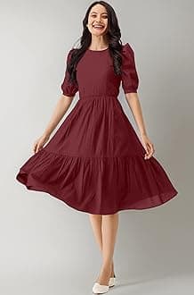 TRENDMALLS Dress for Women Cotton Blend Round Neck Half Puff Sleeve Flared Pleated Midi Western Dress