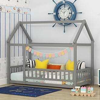 Bellemave Twin Size House Floor Bed,Wooden Montessori Bed with Fence and Roof for Kids,Playhouse Twin Bed Frame for Girls,Boys(Twin,Gray)