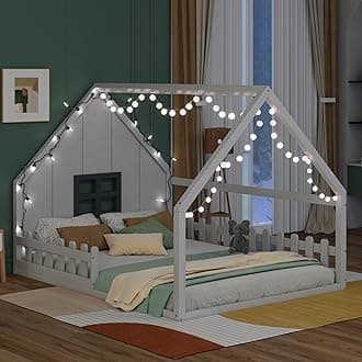 Full Size House Bed for Kids, Wood Montessori Floor Bed with LED Light Toddler Floorbed with Fence and Window, Toddler Bedframe for Girls Boys, White