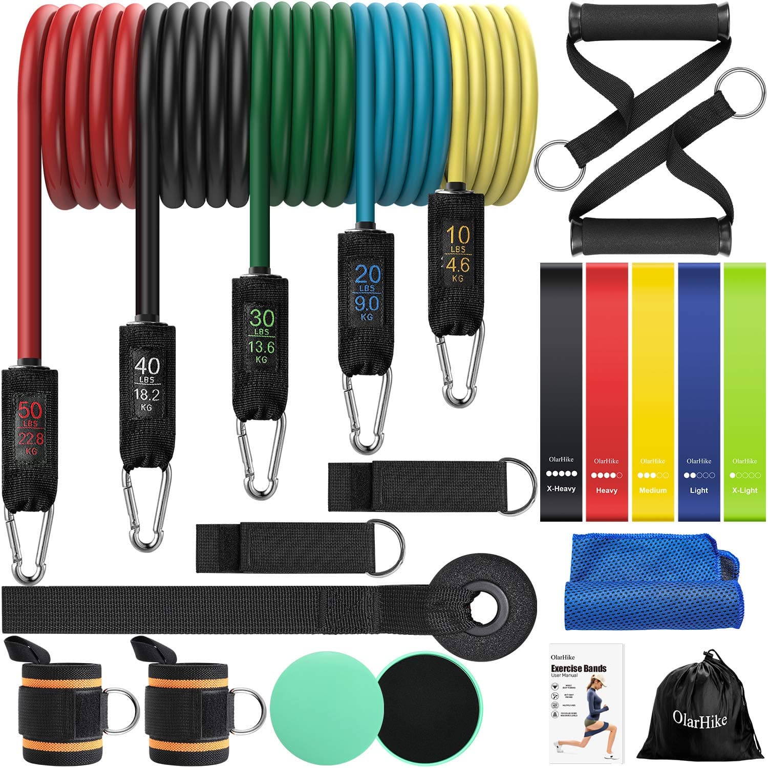 OlarHike Resistance Bands Set Exercise Bands with Handles for Working Out, Sports, Workout Bands with Loop Bands and Exercise Sliders, 23 pcs Resistance Band for Men and Women, 5 Color-Coding