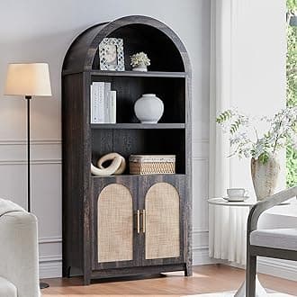 RowyPoey Arched Cabinet Bookshelf Bookcase - 69.3” Tall Mid Century Arched Display Cabinet, Rounded Bookshelf with Rattan Doors, Open Shelf Storage Cabinet for Dining Room (Dark Rustic Oak)
