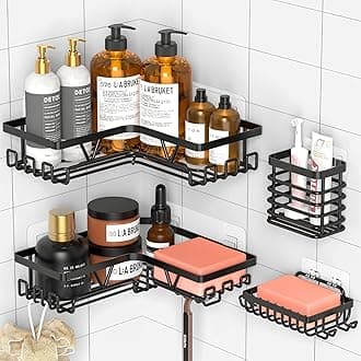 Kegii Shower Caddy Corner Black Stainless Steel Set - 4-Piece Space Saving Shower Organiser with Soap Dish & Toothbrush Holder, Bathroom Storage Gift for Home