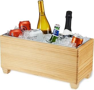 Ice Bucket Wood and Galvanized Metal Tub - Wooden Wine Bucket And Beer Chiller - Holds 4 Wine Bottles or 5.4 Gallons Set of 1,Brown